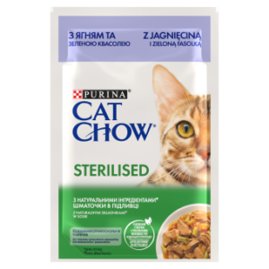 Hrană umedă pisici sterilizate CAT CHOW STERILISED Miel și Fasole verde 1 x 85g