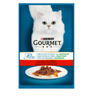 GOURMET PERLE CU VITĂ, MORCOVI ȘI LEGUME ÎN SOS, 85g