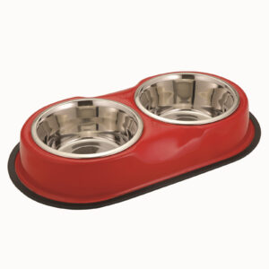 Bol dublu pentru hrană animale cu suport gumat, inox, Agility diametru bol 11 cm, rosu, 180 ml