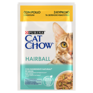 CAT CHOW HAIRBALL, Pui și Fasole verde, hrană umedă pentru pisici 1x 85g