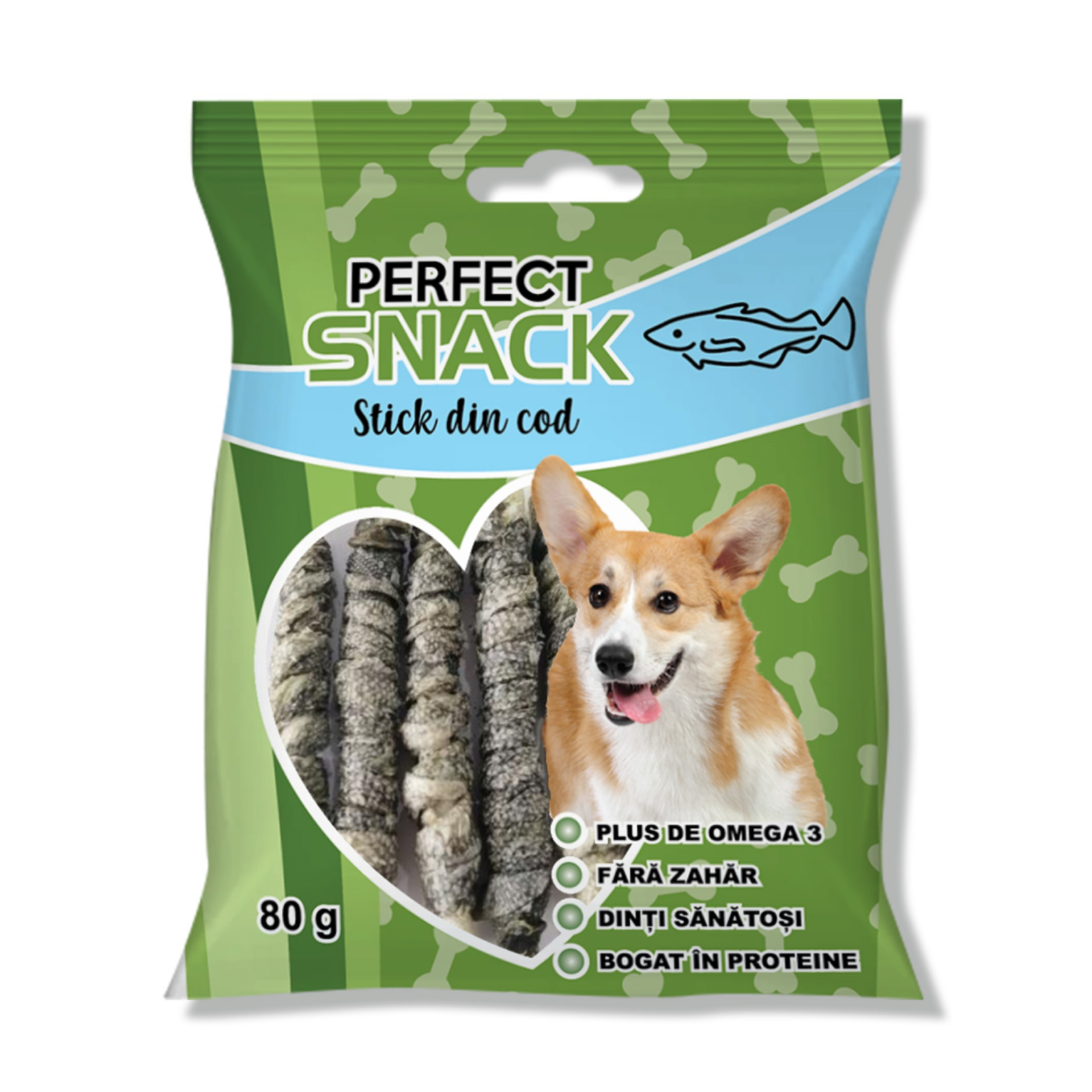 Perfect Snack, recompense delicioase pentru caini, Stick din cod– 80 g