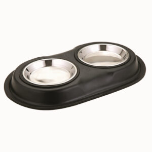 Bol dublu pentru hrană animale cu suport gumat, inox, Agility, diametru bol 11 cm, negru, 180 ml