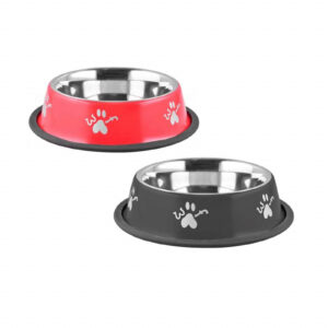 Bol pentru hrană animale cu suport gumat, inox, Agility, diametru, PC1114A, 15,5 cm, model labute, negru/rosu , 180 ml