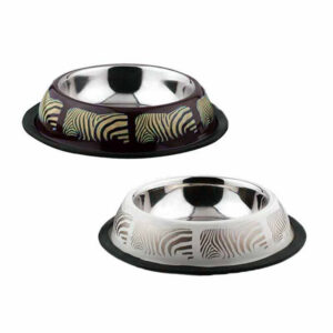Bol pentru hrană animale cu suport gumat, Agility, model zebra, diametru 19 cm, Alb/Maro, 400 ml